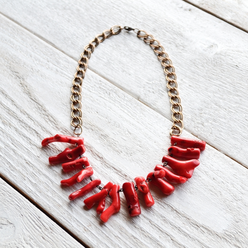 Red Coral Statement Necklace Rose Gold Chain